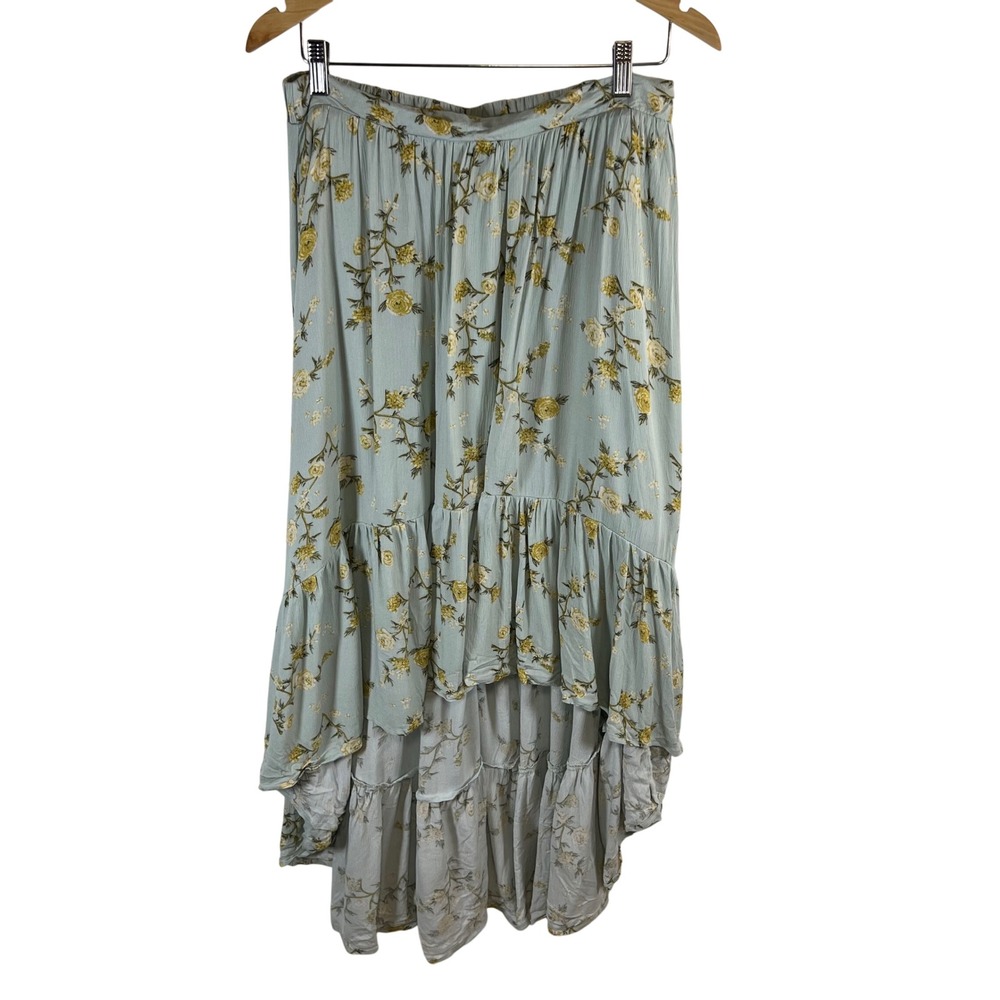 Xhilaration Floral High Low Maxi Skirt Blue Yellow Ruffle Tiered Boho Size M NEW